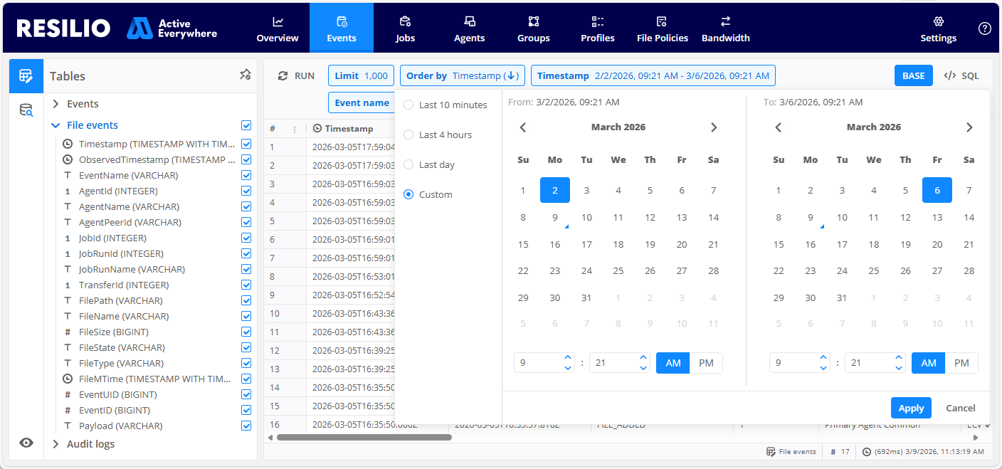 Events Files Synced Dates