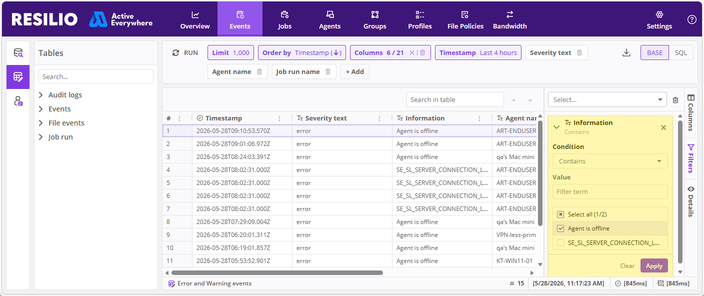Events Filters Panel