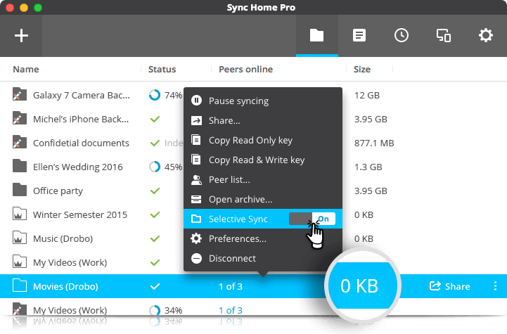 Using ‘Selective Sync’ feature, Sync will create placeholder files in your file-system that can be searched locally. Click to download only the files that you need, when you need them, without having to replicate entire folders on every device.