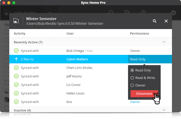 Change access permissions at any time using 'Advanced Folders'. Assign ownership to another user, revoke access, or change read and write permissions on the fly.