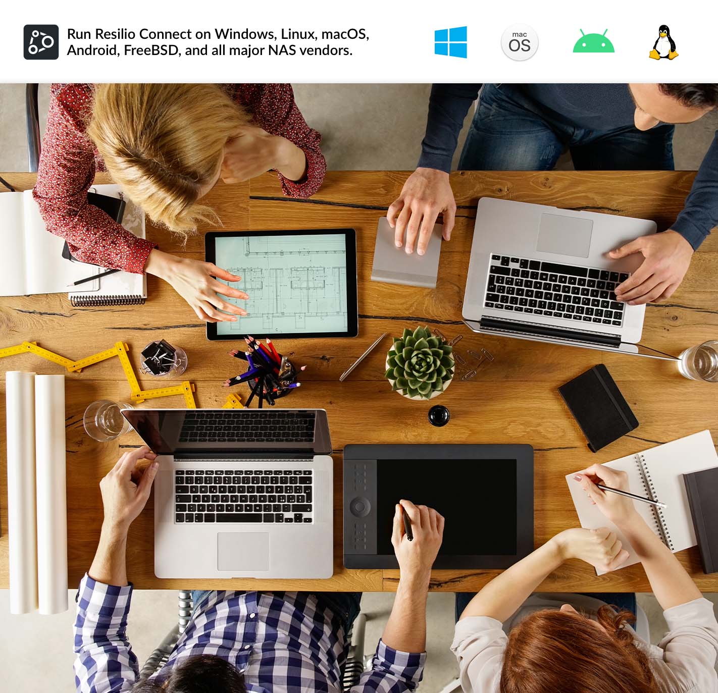 Resilio Connect installs on your desktop or mobile device running Microsoft Windows, Apple MacOS, and other platforms.   