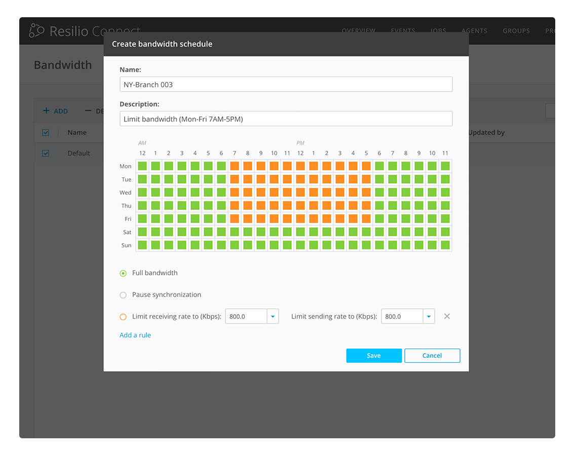 Resilio Connect delivers fine-grained bandwidth management policy control at each endpoint to ensure critical applications retain priority use of limited local infrastructure.