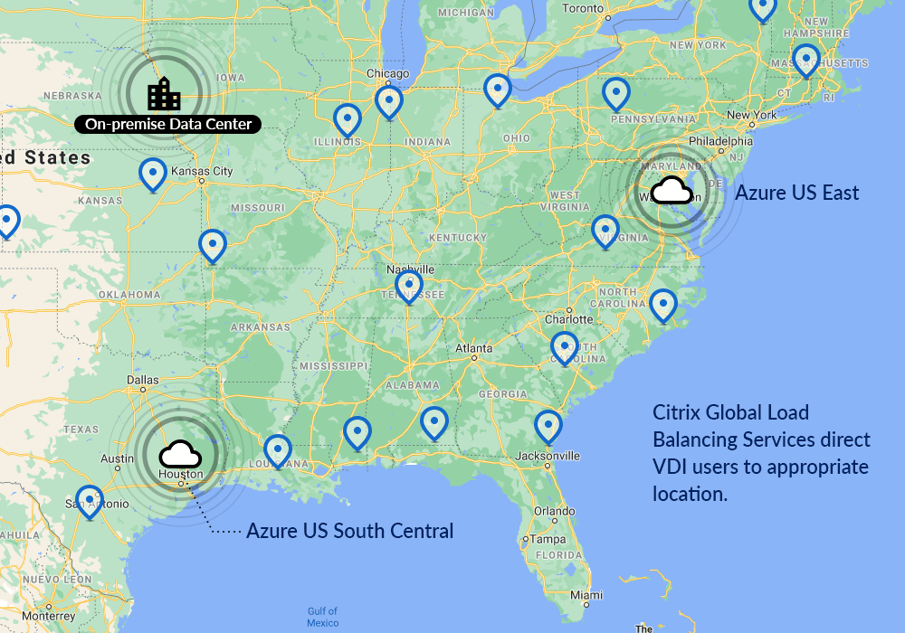 Data center locations. Citrix Global Load Balancing Services direct VDI users to appropriate location. 