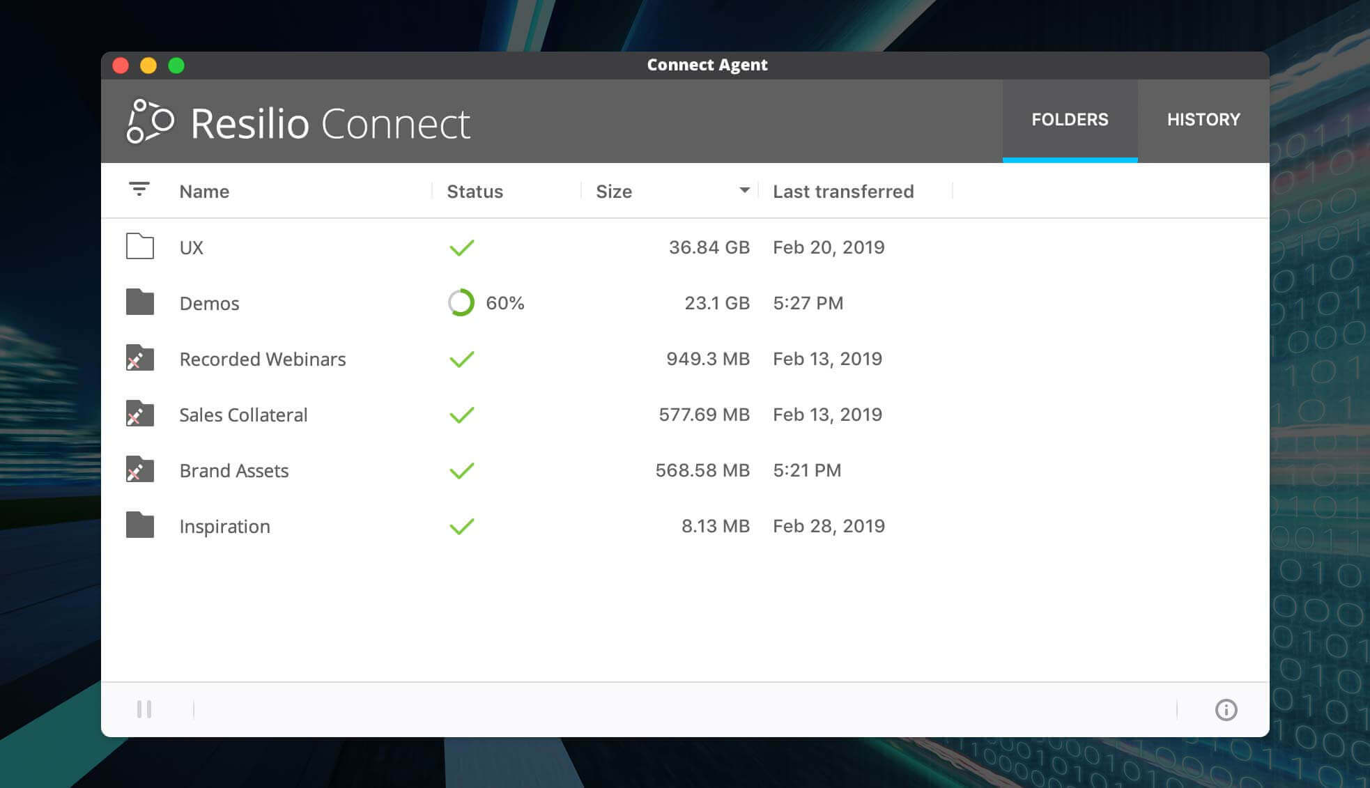 You have the option to offer each partner a simple UI that shows folders, current data transfer progress, and transfer history.  Or, you can choose to let partners interface with Connect without this UI, and just use the native file system.